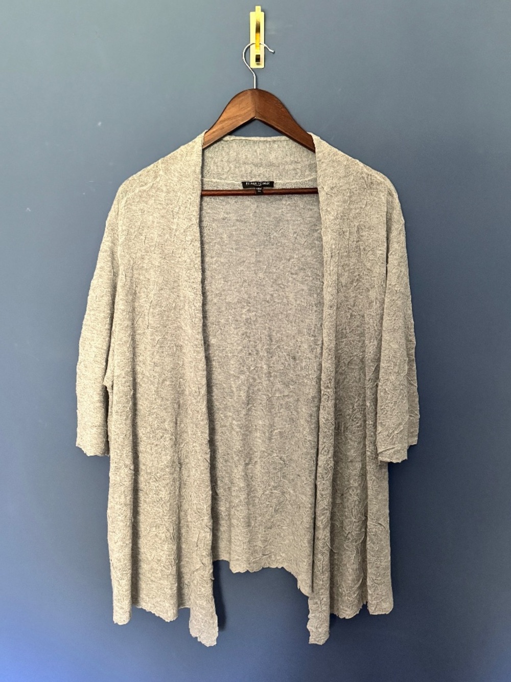 Eileen Fisher Short Sleeve Open Front Crinkle Cardigan Sweater light gray 2X
